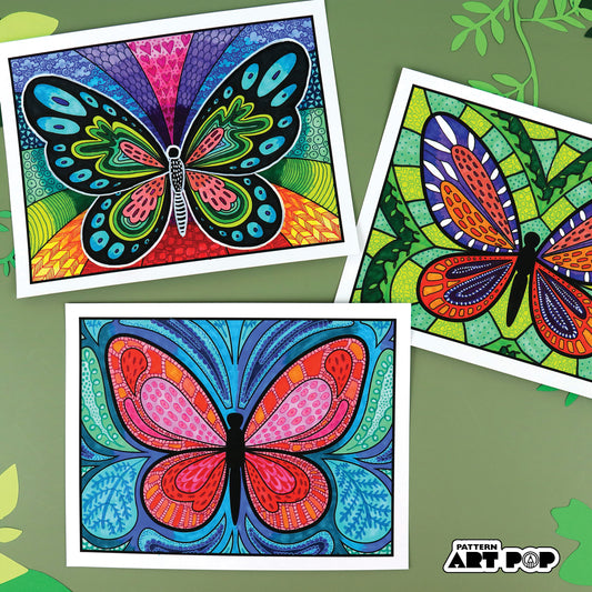 Three colorful butterfly illustrations on a green background with 'Pattern Art Pop' branding.
