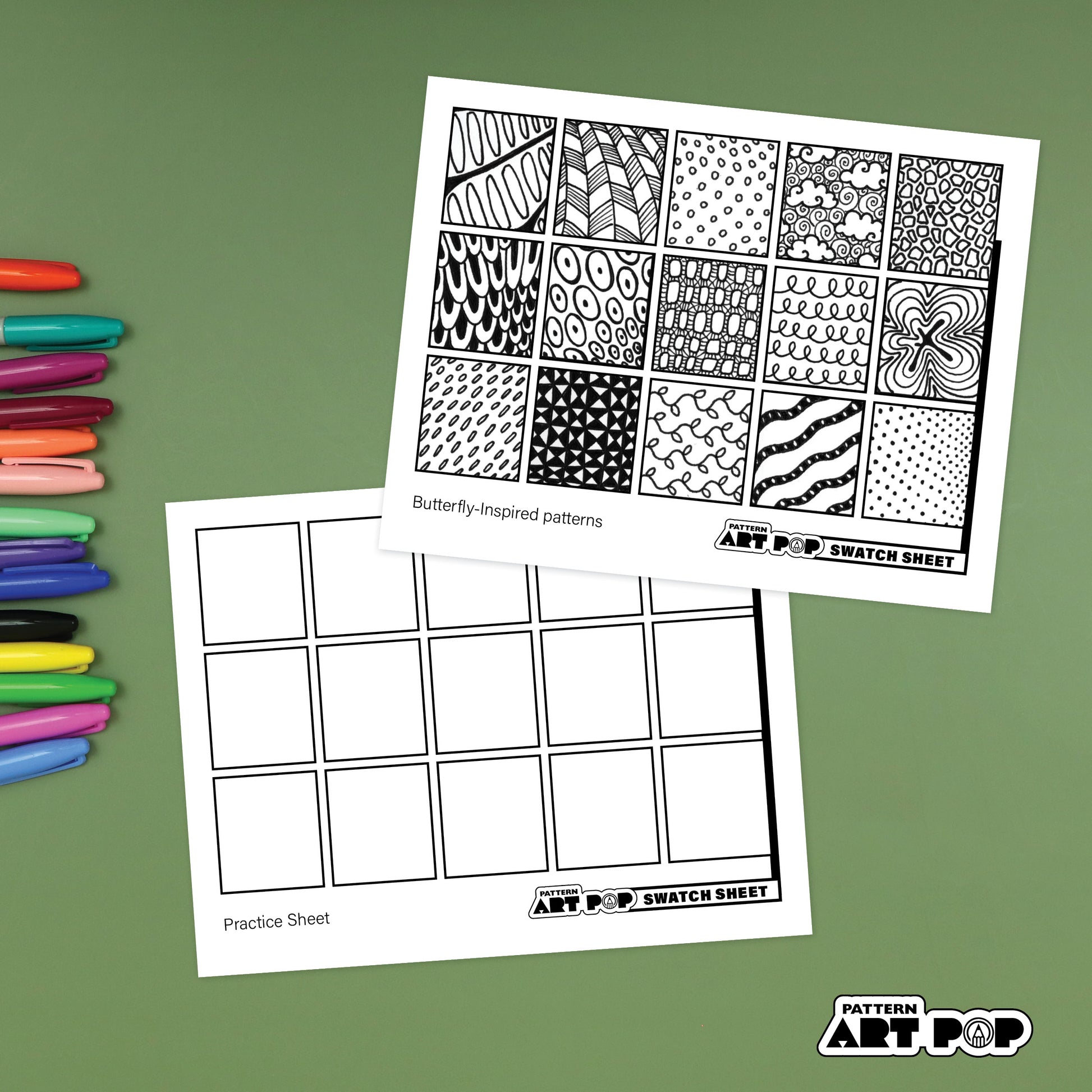 Two sheets of pattern swatch paper with colorful markers on a green background, featuring 'Pattern Art Pop' branding.