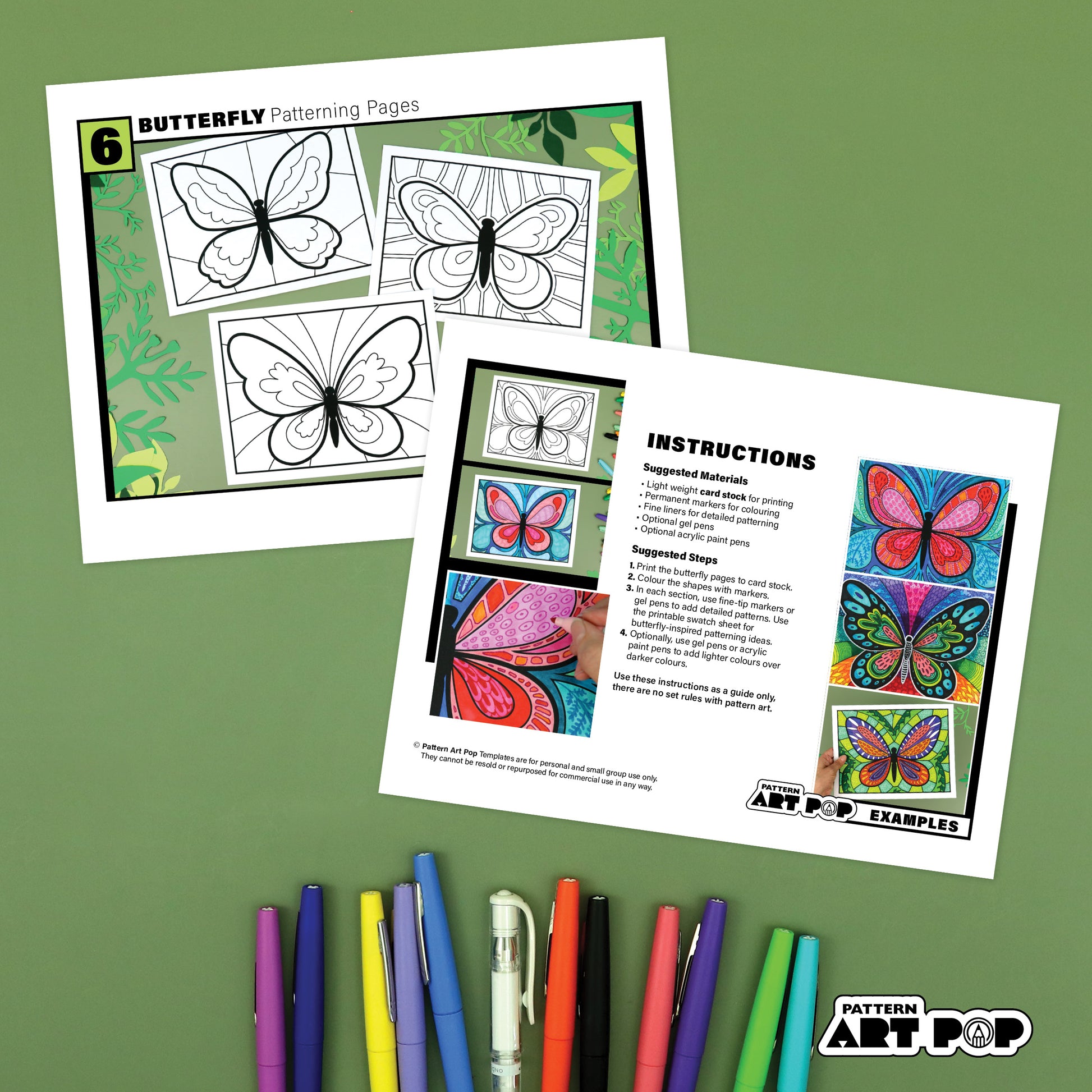 Butterfly pattern activity sheets with coloring examples and pens on a green background