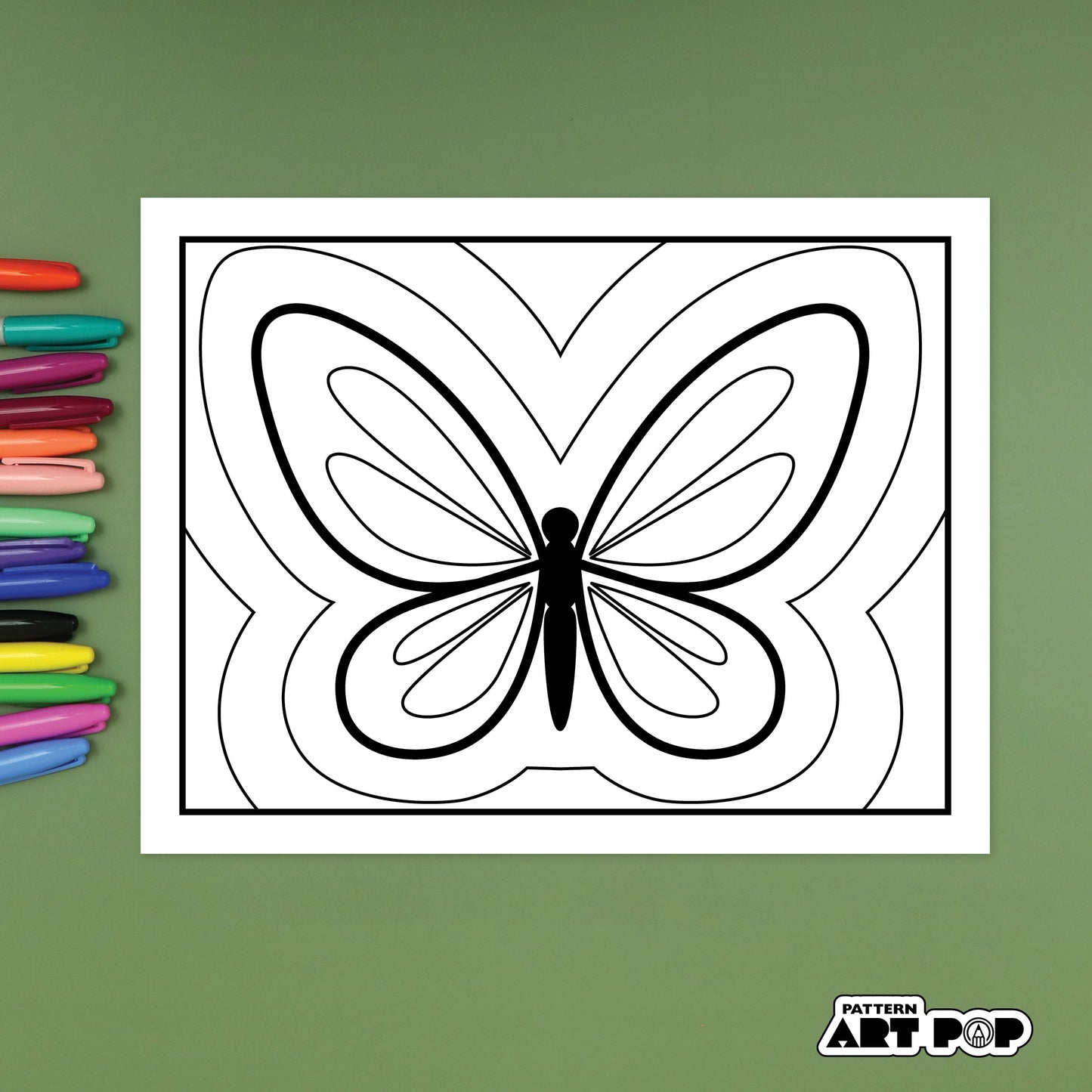 Butterfly outline drawing for pattern art with colorful markers on a green background