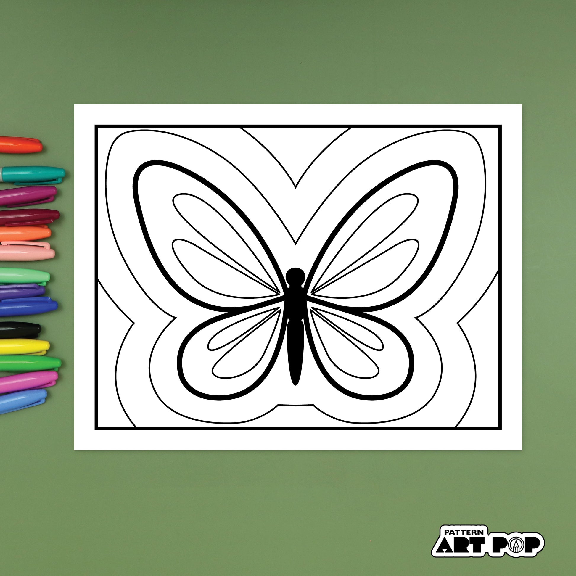 Butterfly outline drawing for pattern art with colorful markers on a green background