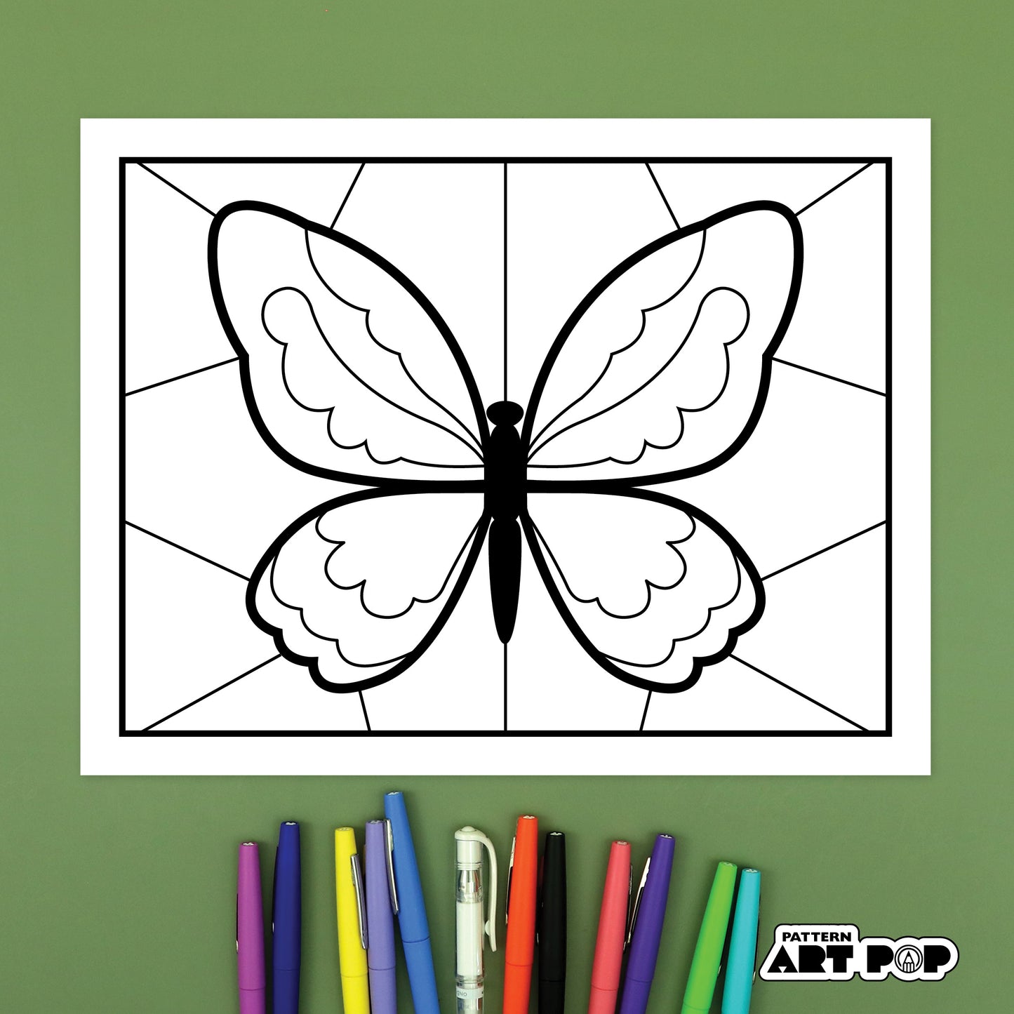 Butterfly pattern art page with colored markers on a green background