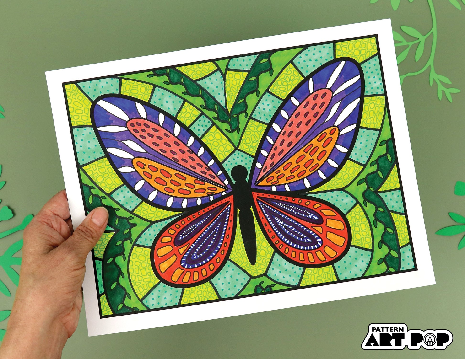 Colorful butterfly illustration on a green background with 'Pattern Art Pop' branding.